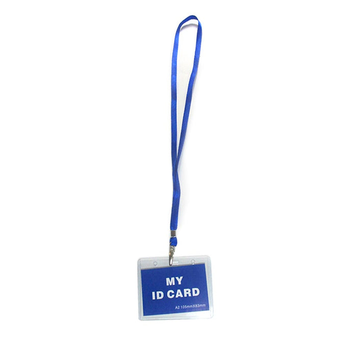 2 Pc ID Name Badge Card Holder Vinyl Clear Case Blue Lanyard Horizontal License