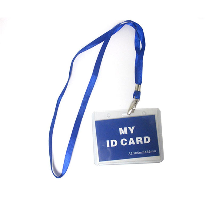 2 Pc ID Name Badge Card Holder Vinyl Clear Case Blue Lanyard Horizontal License