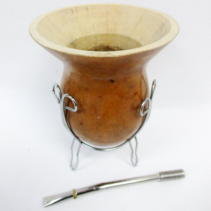 Argentina Mate Gourd Yerba Tea Cup With Metal Straw Bombilla Set Handmade 4853 !