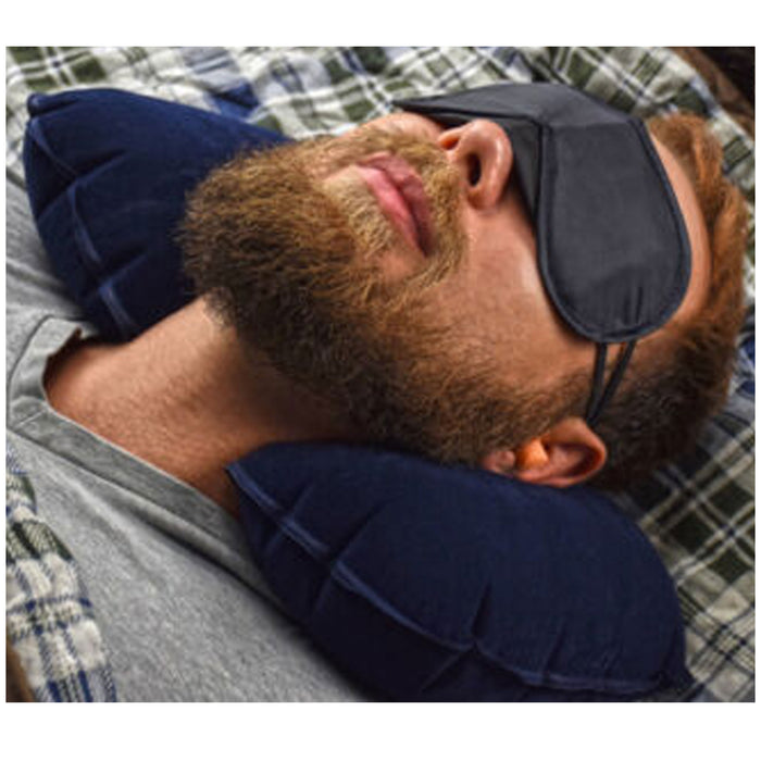 3 Pc Travel Head Neck Rest Pillow Cushion Inflatable Support Ear Plug Eye Cover