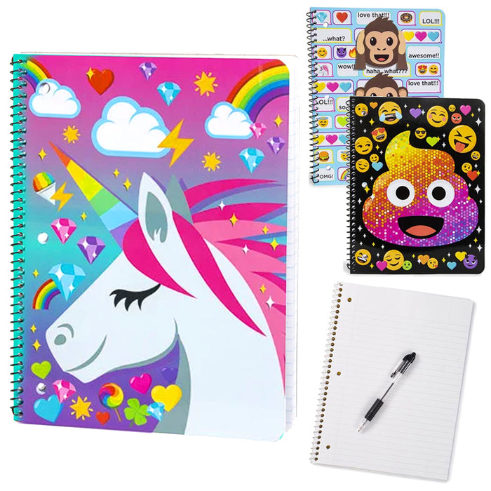6 Notebooks Paper School Supplies Unicorn Monkey Emoji Poop 70 Wide Ruled Sheets