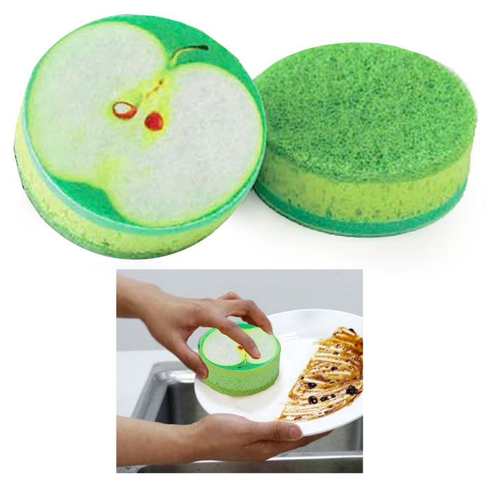 2 Green Apple Fruit Design Sponge Scrubber Scourer Wash Clean Kitchen Dish Pads