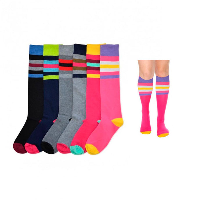 6 Pair Womens Girls Knee High Socks Lot Multi Pattern School Soccer Stripes 9-11