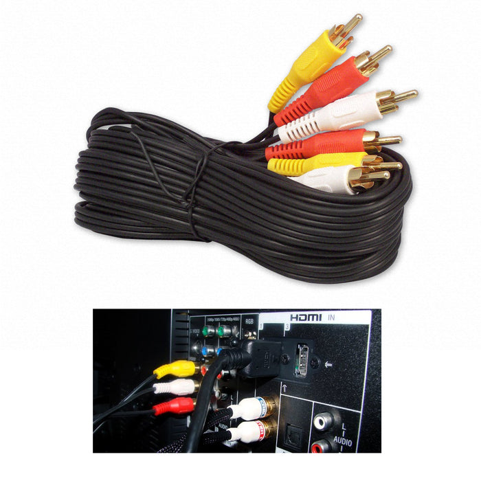 25FT RCA CABLE AV AUDIO VIDEO 3 DVD VCR TV STEREO PLUG GOLD PLATED JACKS PREMIUM
