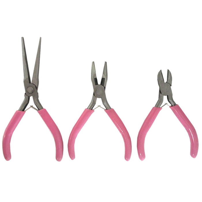 3 Pc Ladies Mini Pliers Set Repair Tool Kit Long Reach Cutter Mechanics Pink New