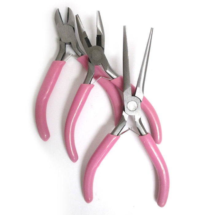 3 Pc Ladies Mini Pliers Set Repair Tool Kit Long Reach Cutter Mechanics Pink New
