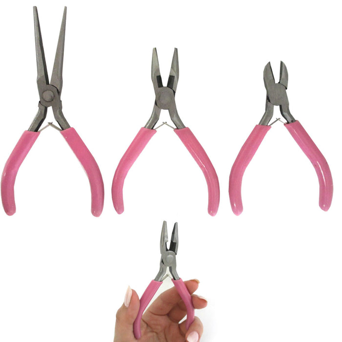 3 Pc Ladies Mini Pliers Set Repair Tool Kit Long Reach Cutter Mechanics Pink New