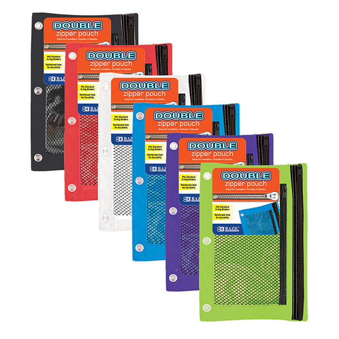 24 Pk BAZIC 3-Ring Pencil Case Rivet-Reinforced Holes Mesh Window Bright Colors