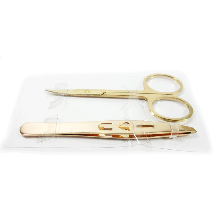 2 Pc Scissor Tweezer Slanted Tip Hair Removal Eye Brow Pluck Makeup Tool Set
