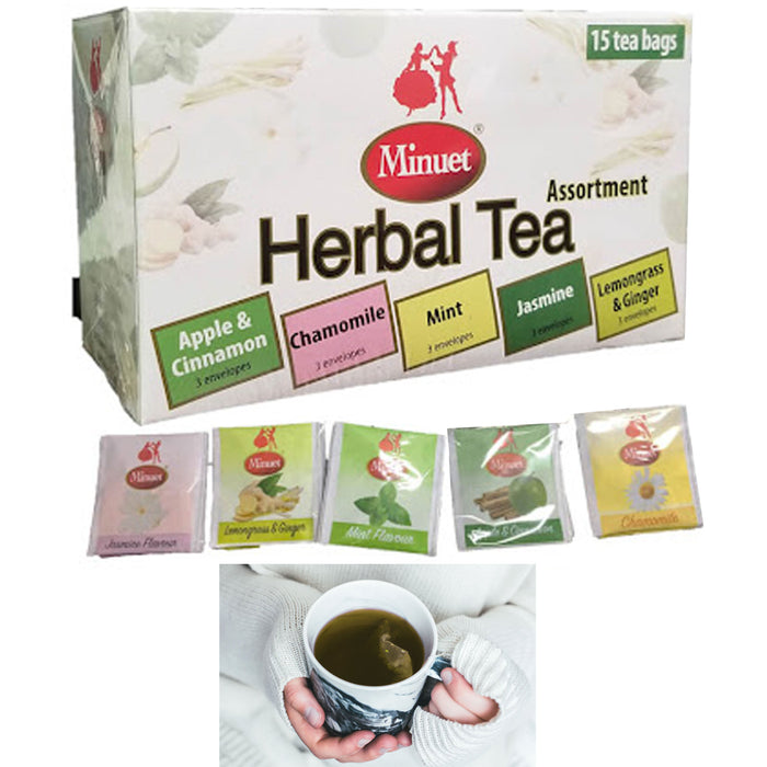 15 Ct Assorted Herbal Tea Bags Natural Chamomile Mint Jasmine Lemongrass Ginger