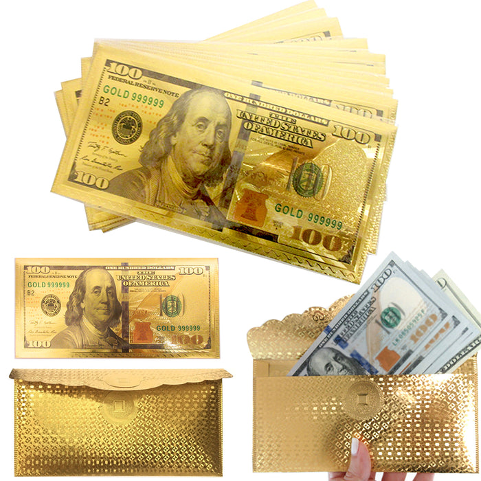 24 Pc $100 Dollar Bill Envelope Money Gift Party Invitation Gold Foil Banknote