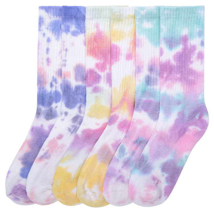 6 Pair Assorted Ribbed Tie Dye Crew Socks Calf Casual Women's Girls Ladies 9-11