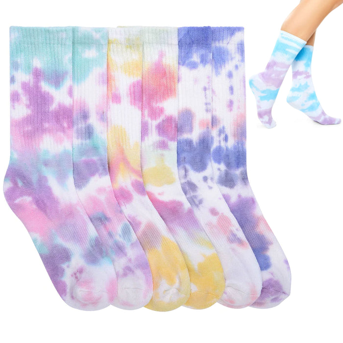 6 Pair Assorted Ribbed Tie Dye Crew Socks Calf Casual Women's Girls Ladies 9-11