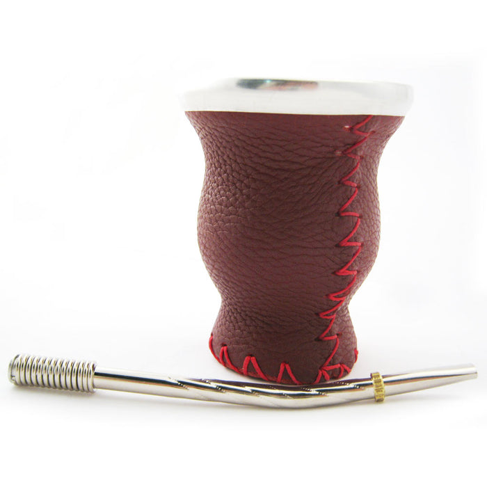 Mate Gourd Leather Glass Bombilla Straw Argentina Gaucho Detox Drink Tea Burgund