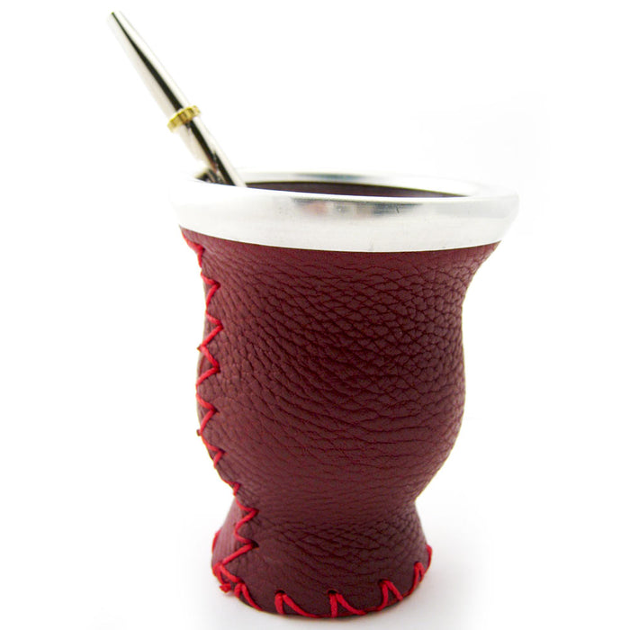 Mate Gourd Leather Glass Bombilla Straw Argentina Gaucho Detox Drink Tea Burgund