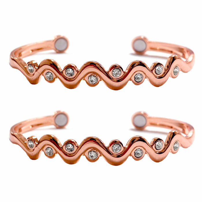 2 Pc Pure Copper Cuff Rose Gold Tone Crystal Bracelet Magnetic Arthritis Relief