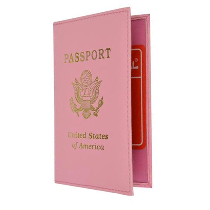 PINK LEATHER PASSPORT COVER HOLDER WALLET CASE TRAVEL NEW US EMBLEM GOLD GIFT !!