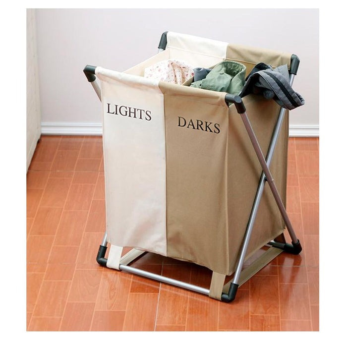 Laundry Hamper Basket Aluminum Folding Double Section Light Dark Separator Large
