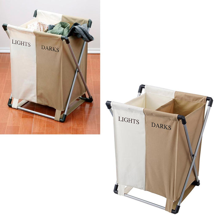 Laundry Hamper Basket Aluminum Folding Double Section Light Dark Separator Large
