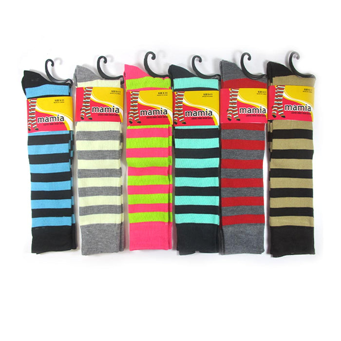 6 Pair Womens Girls Knee High Socks Lot Multi Pattern School Soccer Stripes 9-11