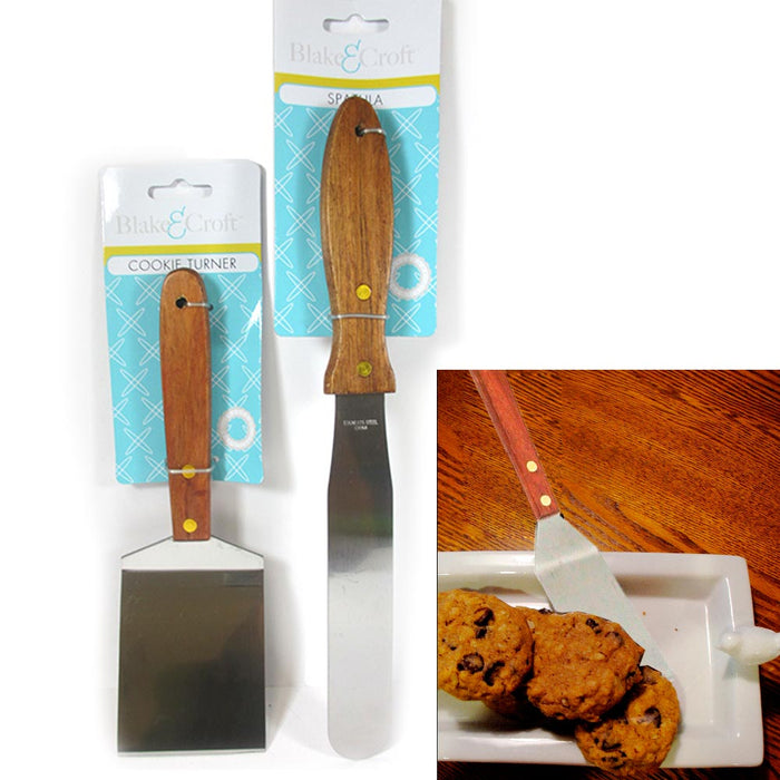 2Pc Spatula Cookie Turner Stainless Steel Kitchen Wood Handle Utensil Bake Cake