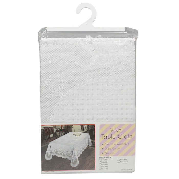 White Tablecloth Floral Print Vinyl Size 60" X 90" Plastic Party Easy Wipe Clean