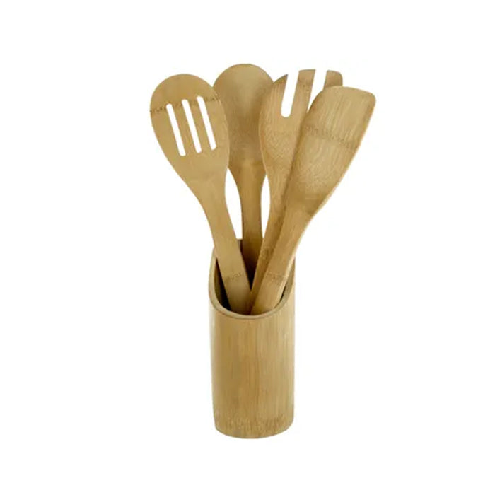 5 Pack Bamboo Wooden Kitchen Tools Cooking Utensil Spatula Spoon Fork Stand Chef