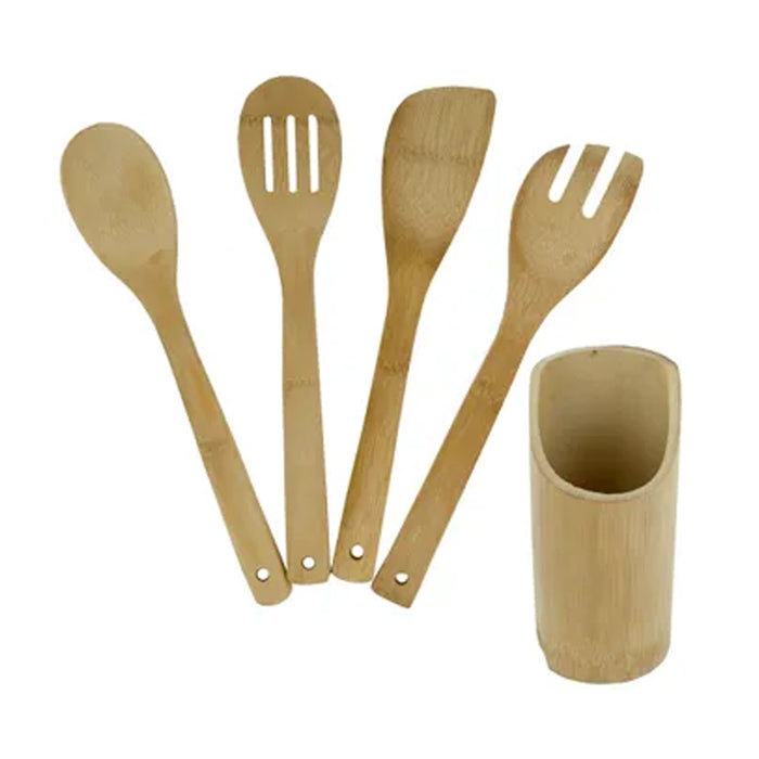 5 Pack Bamboo Wooden Kitchen Tools Cooking Utensil Spatula Spoon Fork Stand Chef