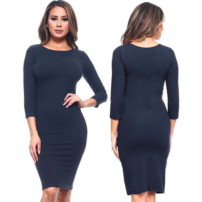 Women Cocktail Party Bodycon Dress Casual 3/4 Long Sleeve Stretch Pencil Navy L