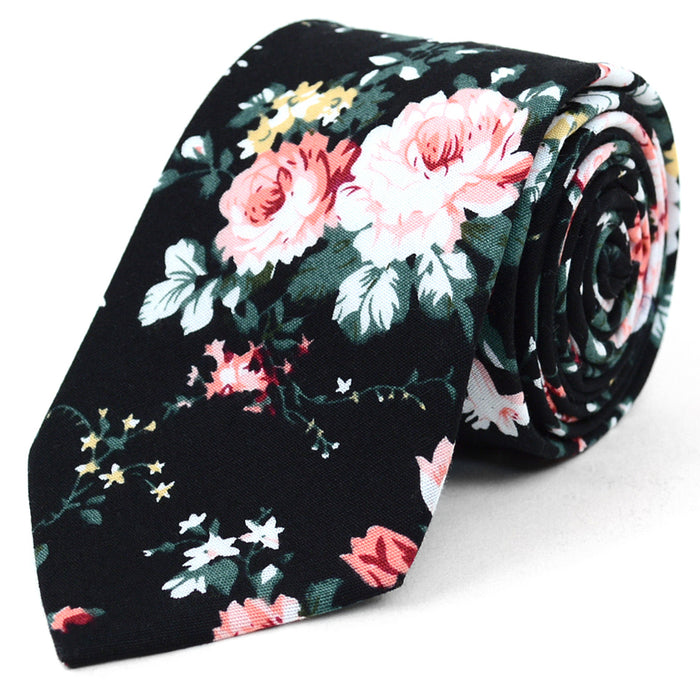 2 Pc Men's Cotton Slim Neck Tie 2.5" Flower Black Floral Skinny Necktie Wedding