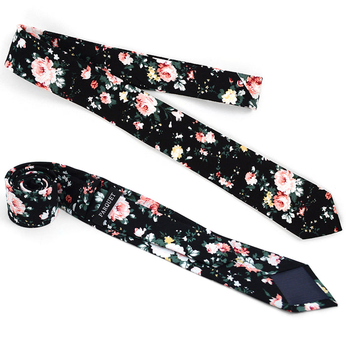 2 Pc Men's Cotton Slim Neck Tie 2.5" Flower Black Floral Skinny Necktie Wedding