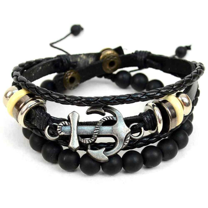 Men Women Adjustable Genuine Leather Bracelet Bangle Wristband Cuff Beads Anchor