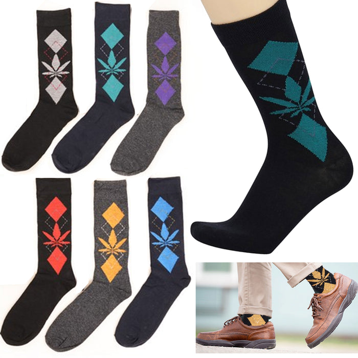 3 Pair Men's Argyle Diamond Pattern Leaf Dress Socks Assorted Color Cotton 10-13