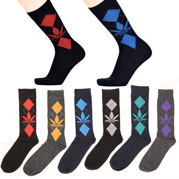 3 Pair Men's Argyle Diamond Pattern Leaf Dress Socks Assorted Color Cotton 10-13