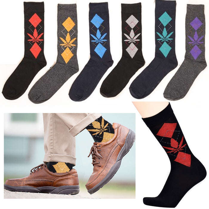 3 Pair Men's Argyle Diamond Pattern Leaf Dress Socks Assorted Color Cotton 10-13