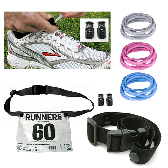No Tie Shoelaces Elastic Lock Laces Running Belt Race Number Holder Set Sports
