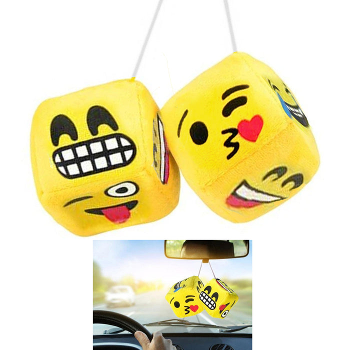 1 Pair Auto Emoji Fuzzy Dice Vintage Car Hanging Rearview Mirror Yellow 2.5"