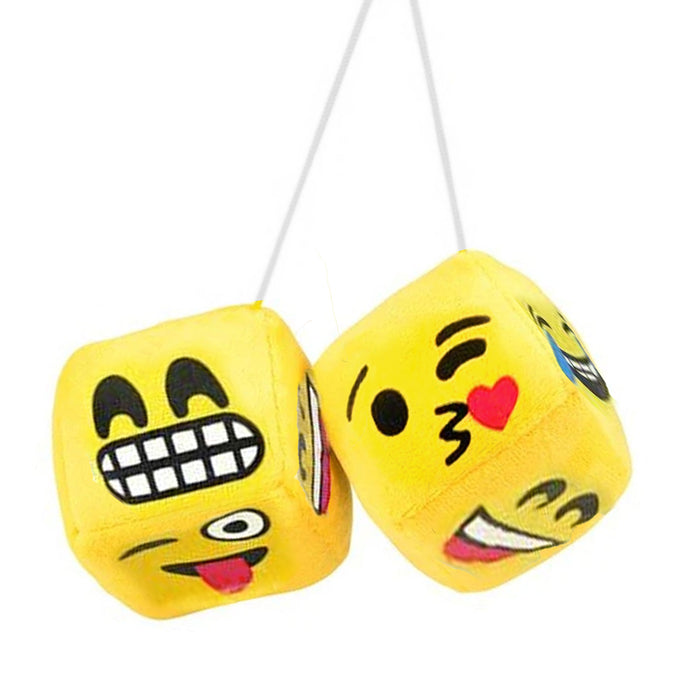 1 Pair Auto Emoji Fuzzy Dice Vintage Car Hanging Rearview Mirror Yellow 2.5"