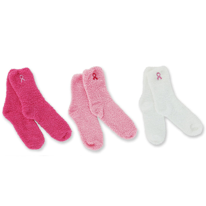 3 Pairs Pink Ribbon Socks Breast Cancer Awareness Plush Women Soft Cozy One Size