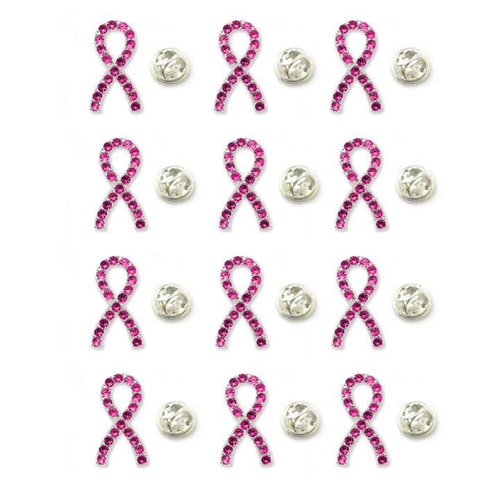 12 Pink Ribbon Lapel Pins Breast Cancer Awareness Pin Crystal Gem Stone Support