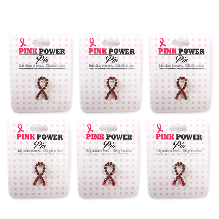 6 Pc Breast Cancer Awareness Lapel Pin Pink Crystal Ribbon Stone Show Support