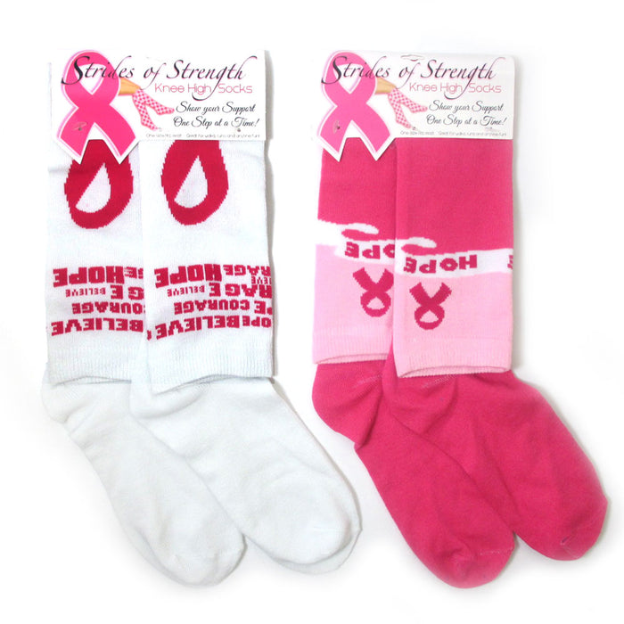 2 Pairs Pink Ribbon Knee High Socks Breast Cancer Awareness Support Womens New