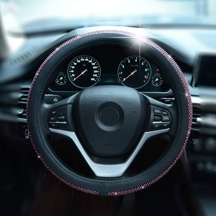 Luxury Steering Wheel Cover Black Pink Diamonds Car Grip Auto High Quality 15"