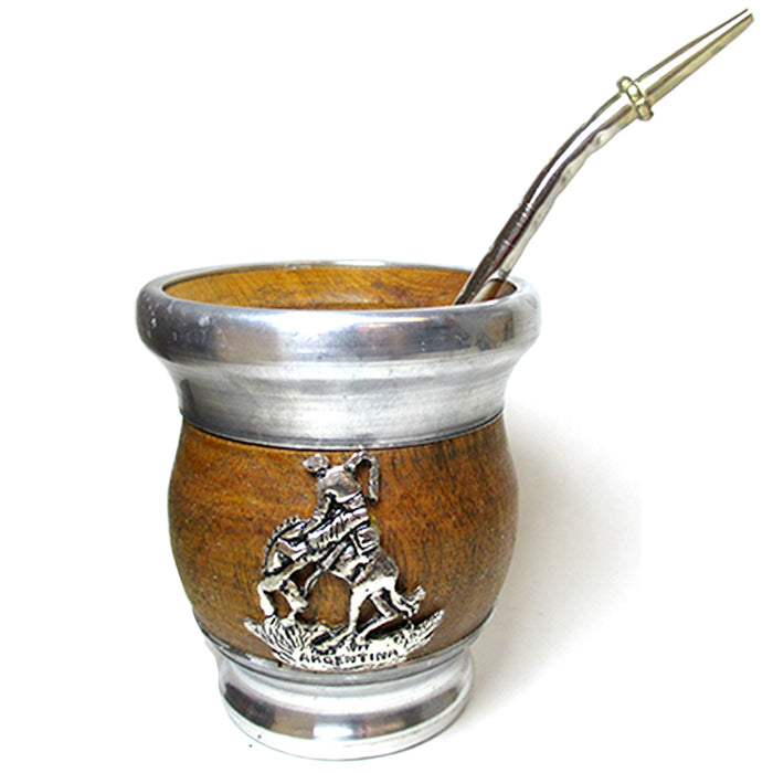 ARGENTINA MATE GOURD CUP ALGARROBO WOOD YERBA TEA BOMBILLA STRAW DRINK SET 5713