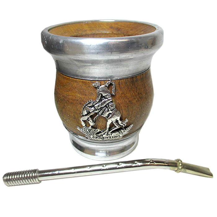 ARGENTINA MATE GOURD CUP ALGARROBO WOOD YERBA TEA BOMBILLA STRAW DRINK SET 5713