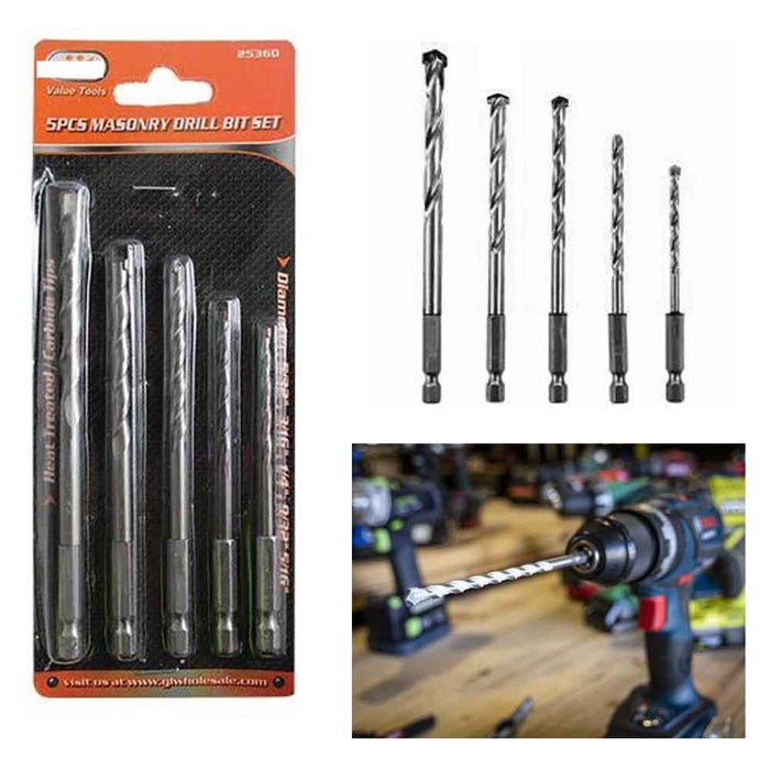 5pc Masonry Drill Bit Set 5/32" 3/16" 1/4" 9/32" 5/16" Heat Treated Carbide Tips