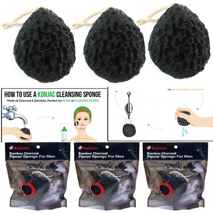 3 Big Cleansing Puff Konjac Bamboo Charcoal Sponge XL Skin Body Exfoliator Scrub