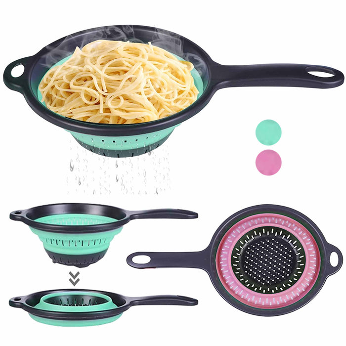 2 Colander Collapsible Silicone Strainer Drain Pasta Vegetables Liquid Handle