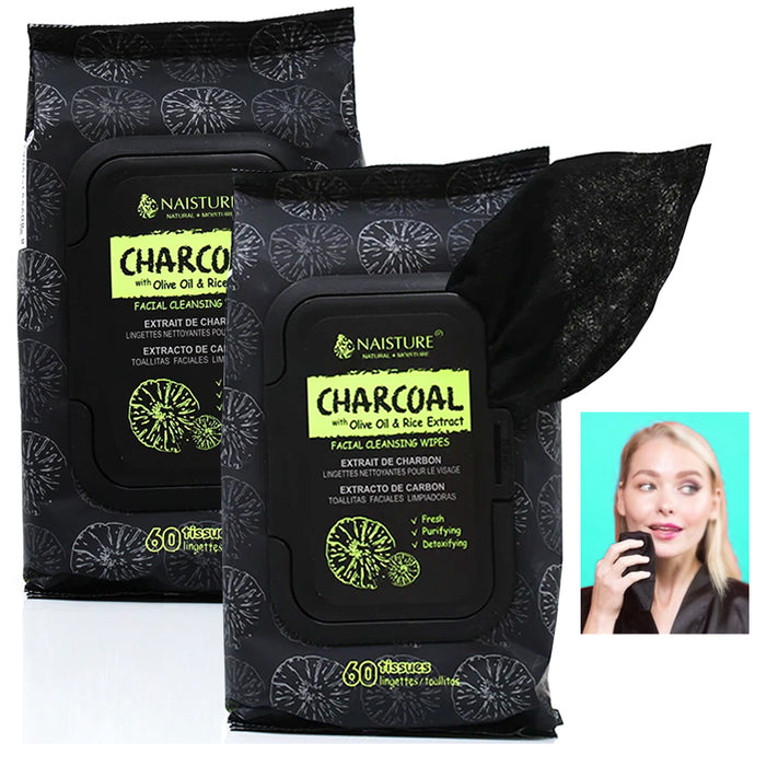 120 Ct Detoxifying Charcoal Facial Cleansing Wipes Face Olive Oil Rice Extract
