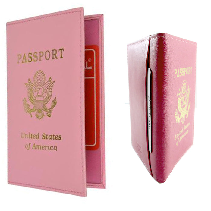 PINK LEATHER PASSPORT COVER HOLDER WALLET CASE TRAVEL NEW US EMBLEM GOLD GIFT !!